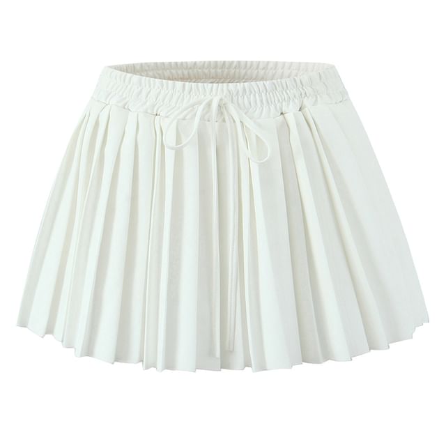 Ulark-Drawstring Waist Plain Pleated Mini A-Line Skirt