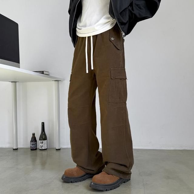 Mimiyox-Drawstring Waist Plain Wide Leg Cargo Pants