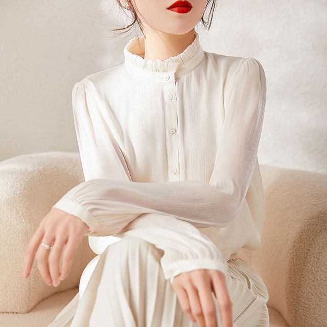 Jeonseon-Long-Sleeve Mock Neck Plain Button-Up Blouse
