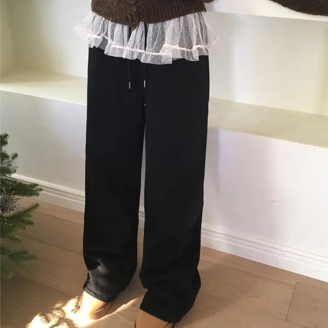 PINPI-High Rise Plain Mesh Panel Wide Leg Sweatpants