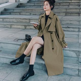 Ariadne Collared Plain Midi Double Breasted Trench Coat Sale