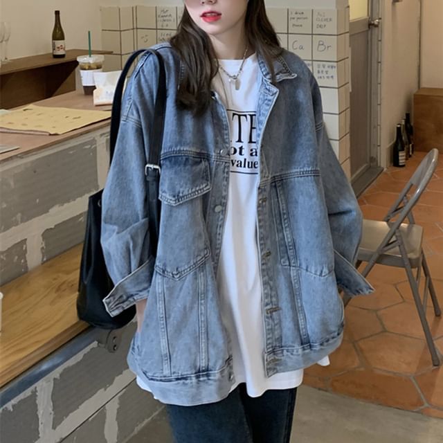 Rosesand-Long Sleeve Washed Oversized Denim Jacket