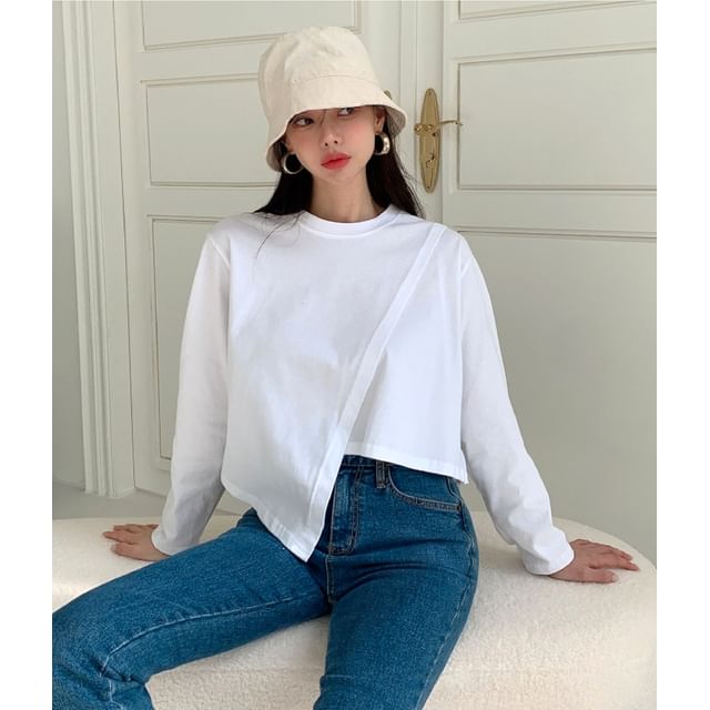 Chubby Girl-Long-Sleeve Irregular Plain Top