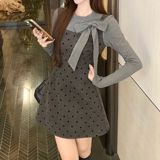 Cossita-Set Long-Sleeve Round Neck Bowknot Tee Dotted Mini Overall Dress