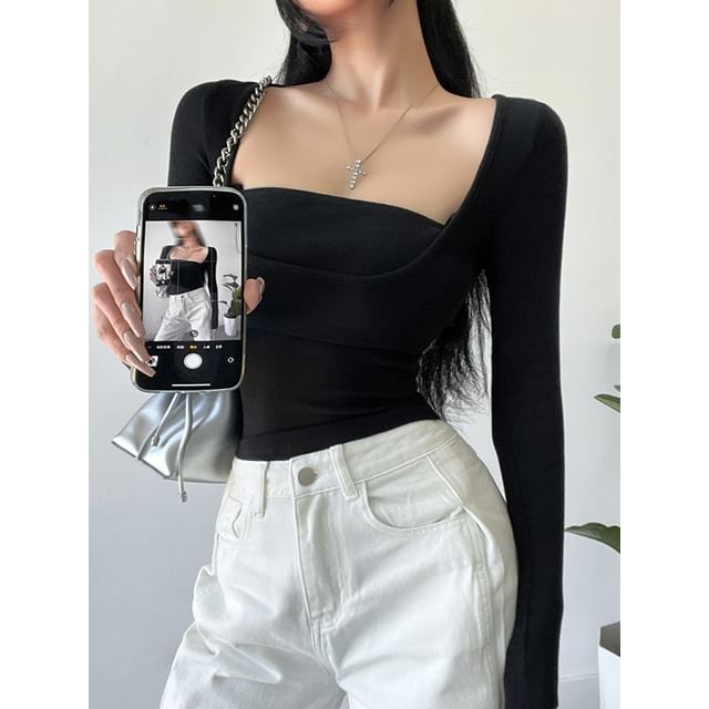 KUMI-Square-Neck Mock Two-Piece Crop T-Shirt