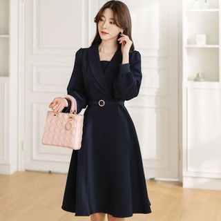 CHICLINE - Shawl-Collar Midi Flare Dress with Belt | YesStyle