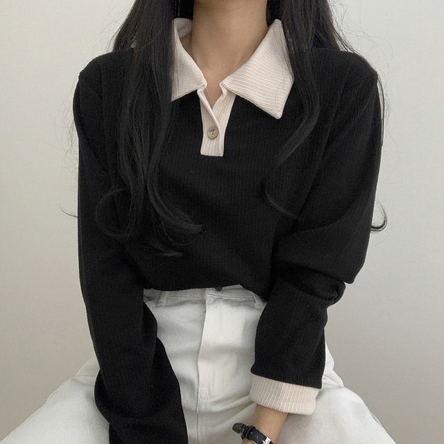 PINPI-Long-Sleeve Two Tone Polo Shirt