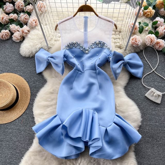 mini black dresses The Black Stand Collar Sheer Slit Mini Dress