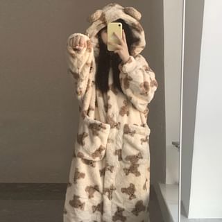 ZeekEd - Long-Sleeve Hooded Bear Print Fleece Pajama Dress | YesStyle