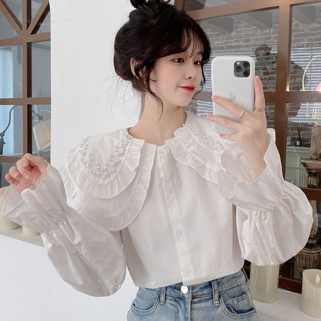 Nine Minutes Long Sleeved Sheer Blouse With Ribbon Collar women - Glamood  Outlet