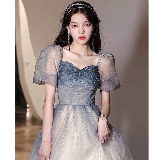 MSSBridal - Puff-Sleeve Gradient Mesh A-Line Evening Gown / Midi Dress |  YesStyle