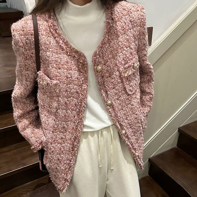 Metonymph-Long Sleeve Pearl Button Tweed Blazer