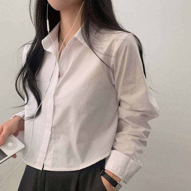 Everose-Long-Sleeve Plain Crop Shirt