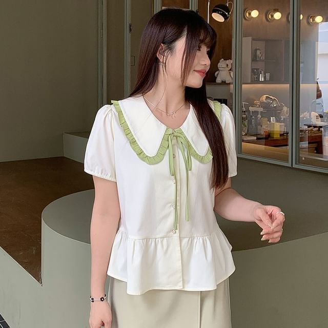 Appelsin-Short-Sleeve Collared Contrast Trim Blouse
