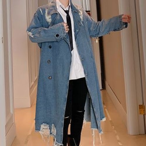 Denim Jacket Men Trench, Denim Trench Coat Men Long