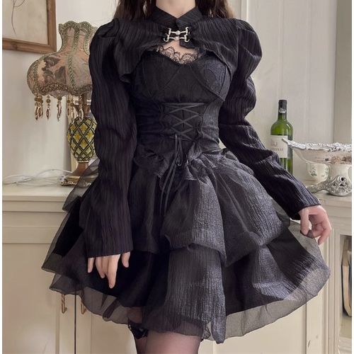 Warelmapo - Long-Sleeve Buckled Shrug / Lace Cami Top / High Rise Mini  Tiered Skirt / Set