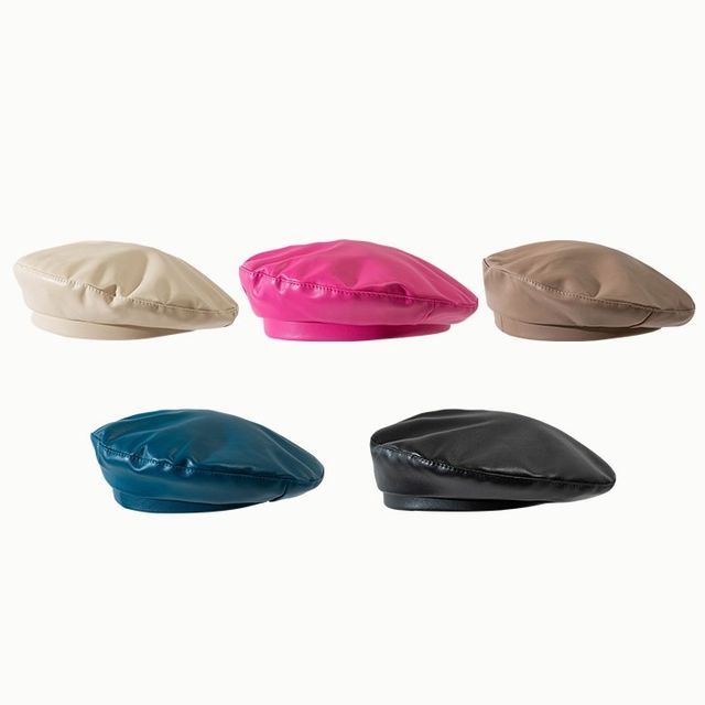 Raconteur-Plain Faux Leather Beret Hat