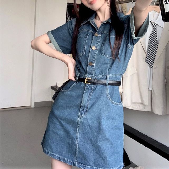 Attune - Short-Sleeve Collared Washed Denim Mini A-Line Dress | YesStyle