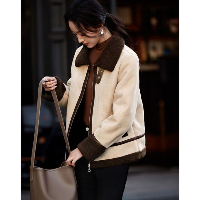 Jeonseon-Collared Contrast Trim Fleece-Lined Buckled Zip-Up Jacket