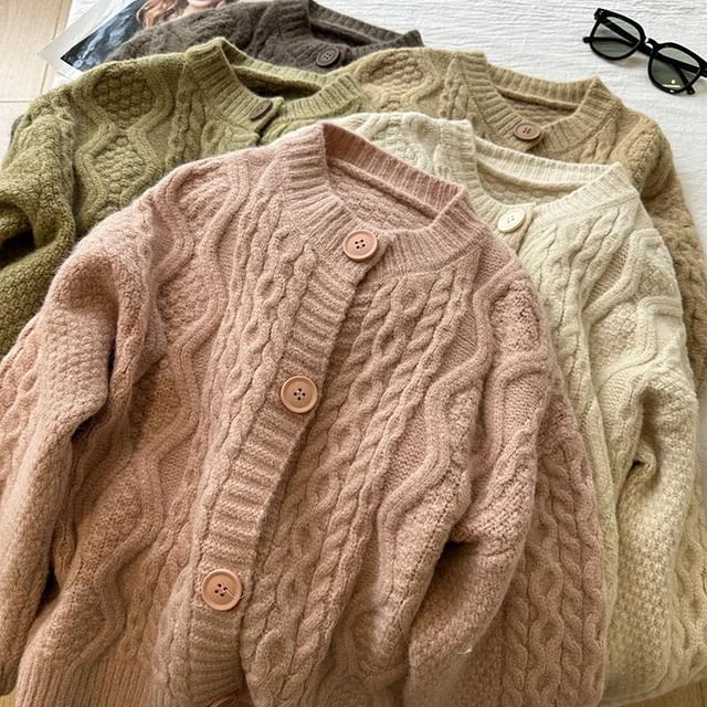 DIYI-Crew Neck Plain Cable Knit Cardigan