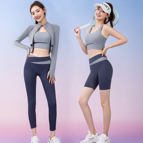 Women Long Sleeve Yoga Set Zipper Top Sport Suit Bra Workout