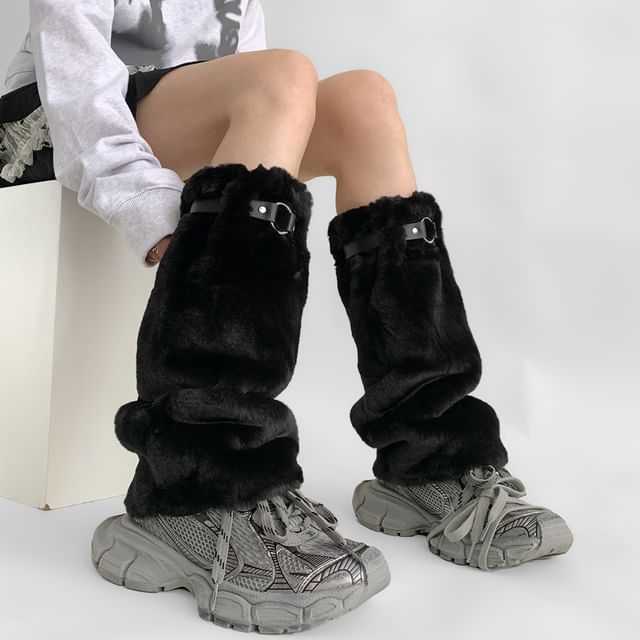 Desperim-Plain Buckled Fluffy Leg Warmers