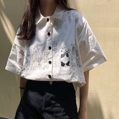 Moon City - Bear Printed Short-Sleeve Button-Up Shirt