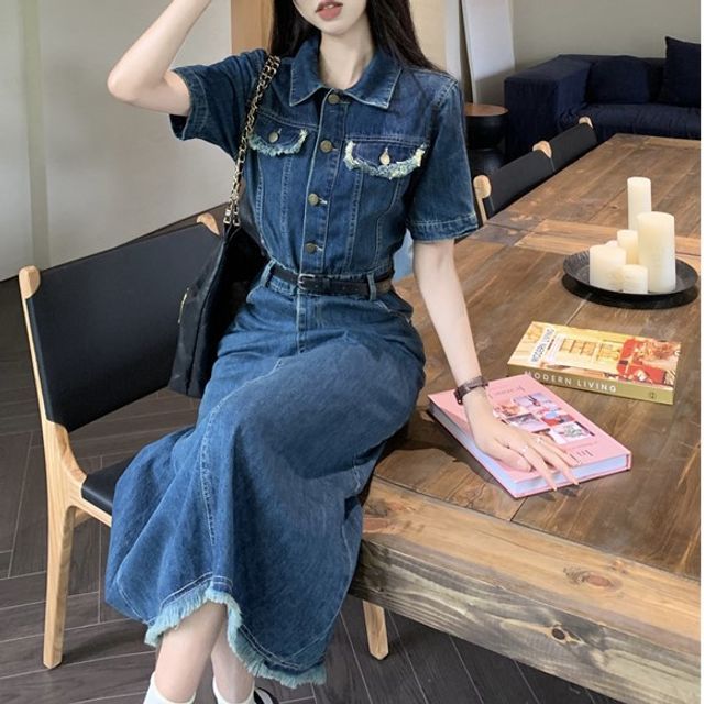Pickxy - Set: Short-Sleeve Collar Frayed Denim Midi A-Line Dress + Belt |  YesStyle