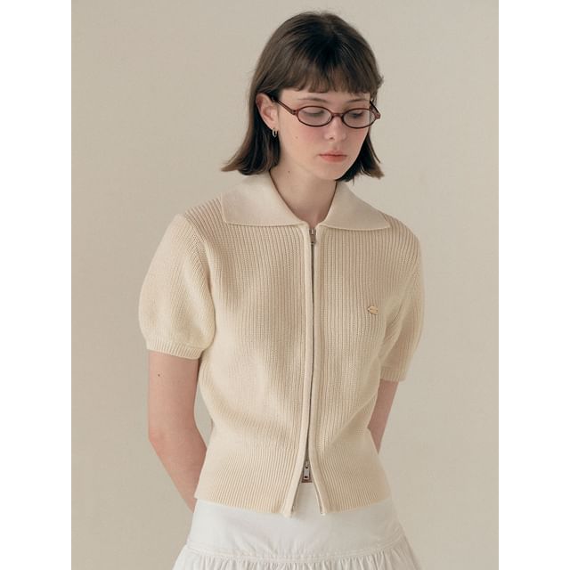 rolarola - Collar Zipper Knit Cardigan (Ivory) | YesStyle