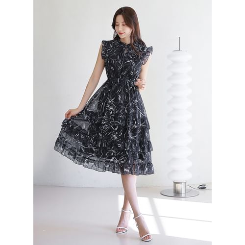 Sleeveless Frilled Floral Chiffon Dress
