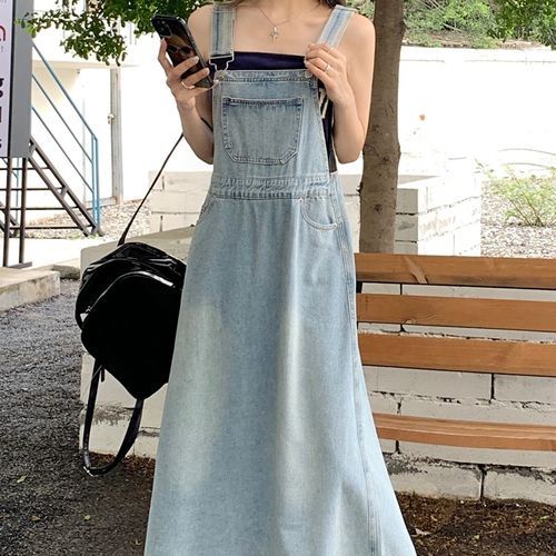 Piwonia - Washed Denim Midi Dungaree Dress