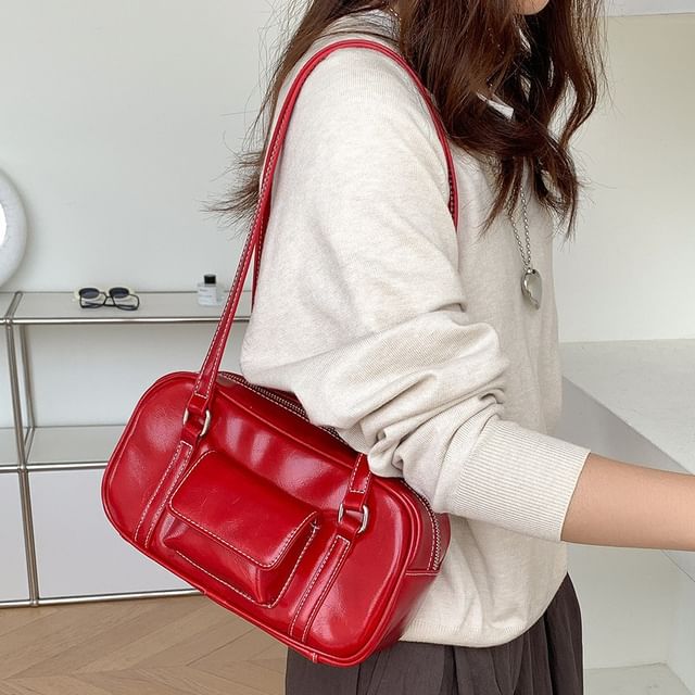 FAYLE-Plain Faux Leather Shoulder Bag