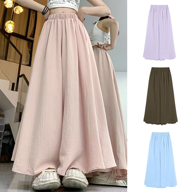KUMI-Elastic Waist Plain Wide Leg Pants