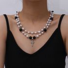 Seirios - Rhinestone Cross Pendant Faux Pearl Layered Necklace