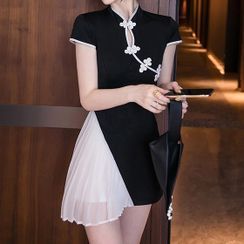 ISMY - Cap-Sleeve Pleated Qipao Dress
