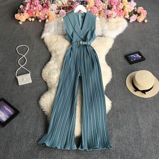 Dudu Sleeveless Plain Ribbed Belted Wide Leg Jumpsuit Sale