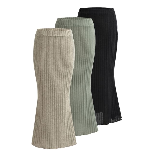 Asiris-High Waist Plain Ribbed Midi Bodycon Fishtail Skirt