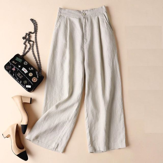 Maisee-Mid Rise Plain Cropped Loose Fit Pants