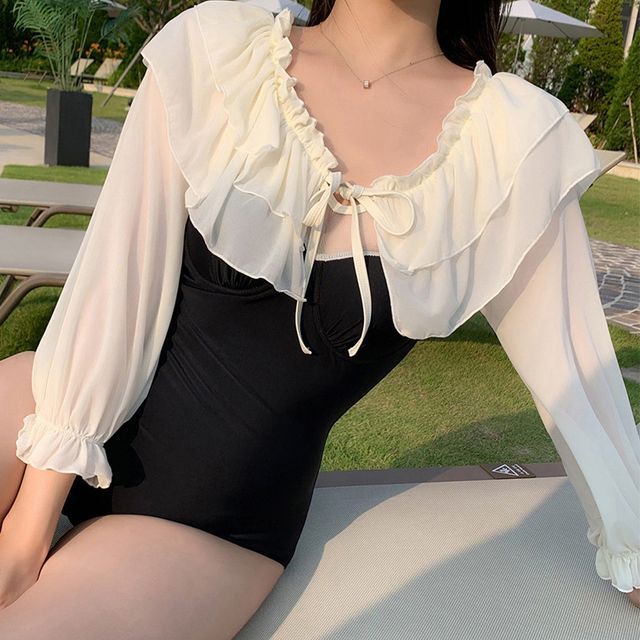 swimsuit with off the shoulder sleeves