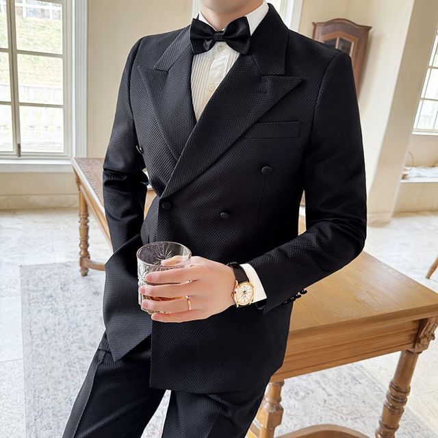 Deepwood-Double Breasted Plain Blazer Dress Pants Set