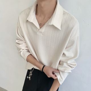 Freehop-V-Neck Collared Plain Jacquard Sweatshirt