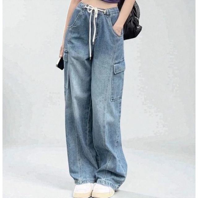 Striinkie-Jeans cargo holgados lisos con cordón y talle alto
