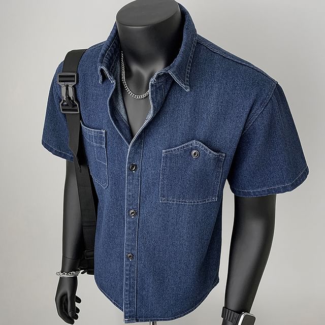 Plummie-Short Sleeve Collared Denim Button Up Shirt