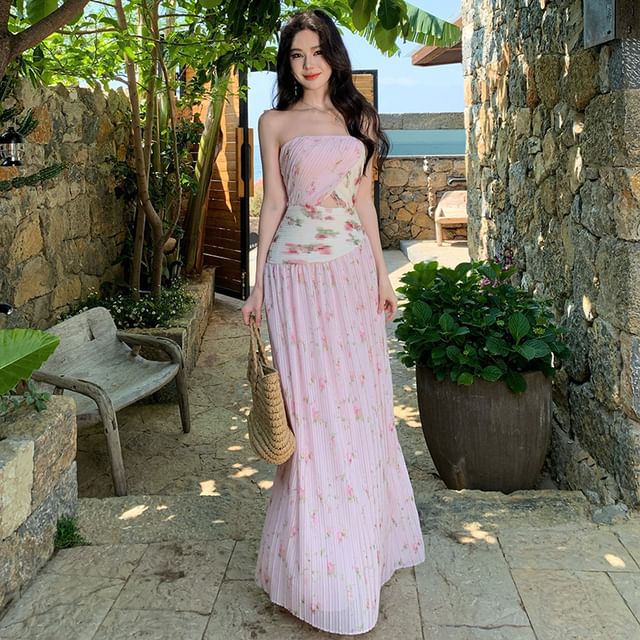 JIYON - Floral Print Panel Cutout Maxi A-Line Tube Dress | YesStyle