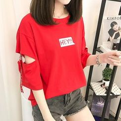 Angel Shine - Lettering Cut Out Elbow-Sleeve T-Shirt