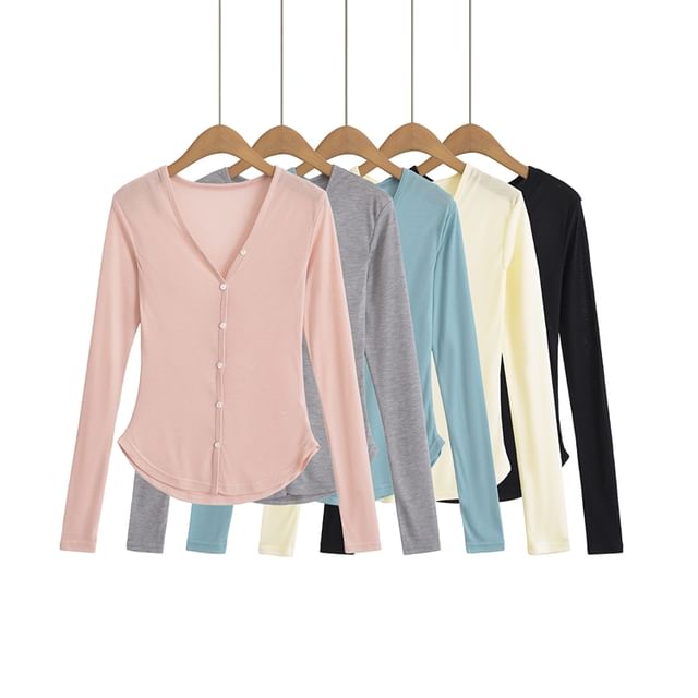 Ulark-V-Neck Plain Sheer Button-Up Cardigan
