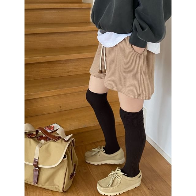 SeoulPop-Drawstring Waist Plain Ribbed Shorts