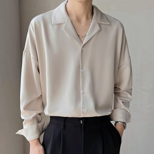 Long-Sleeve Camp Collar Plain Shirt