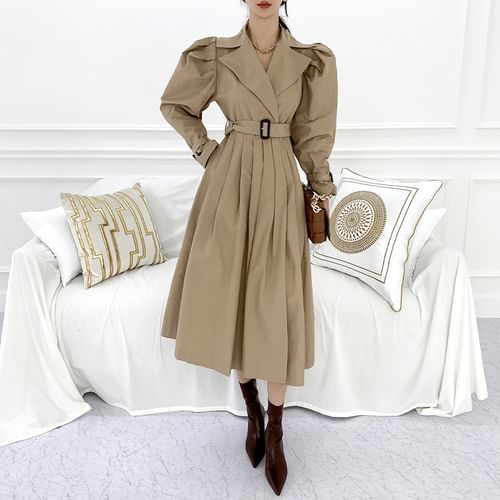 Lapel Collar Plain Midi A-Line Coat Dress