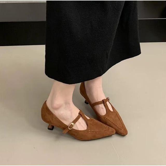 Anjay-Low Heel T Strap Pointed Pumps